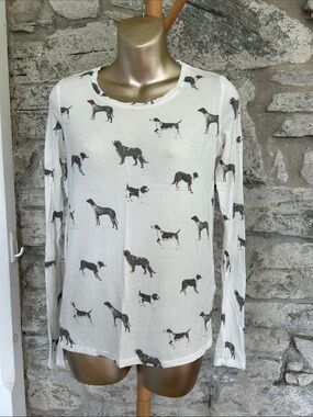 Cream Long-Sleeve Tee with Dog Print